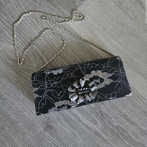 Black Floral Lace Evening Clutch with Silver Chain and Rosette